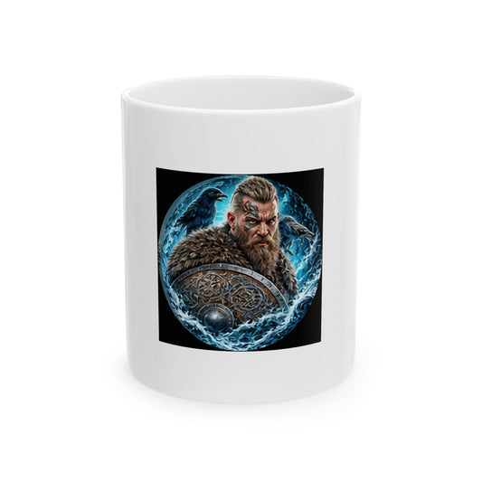 Viking Warrior Ceramic Mug - Norse Ravens Shield Warrior Design (11oz)
