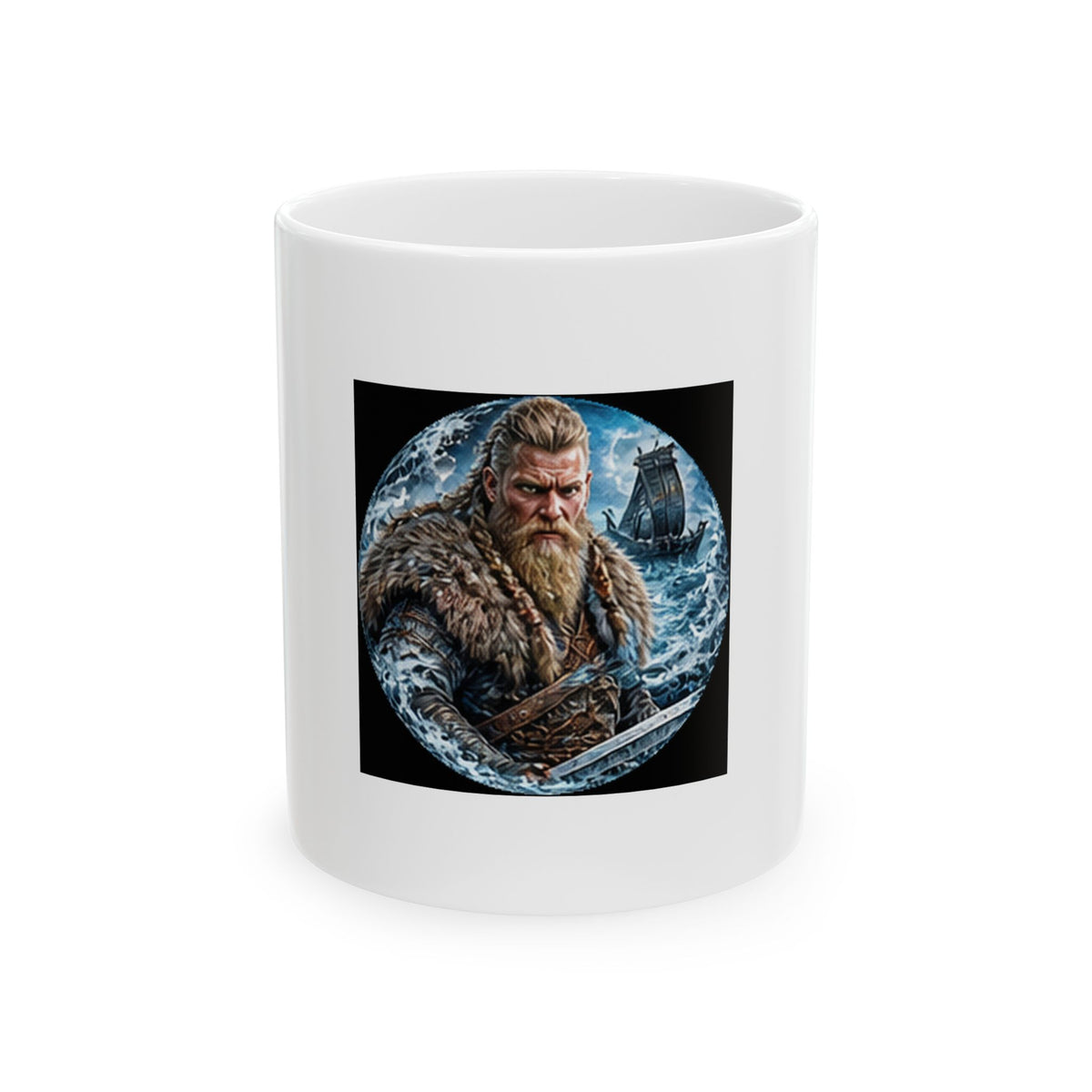 Viking Warrior Ceramic Mug - Norse Longship Warrior Warrior Design (11oz)