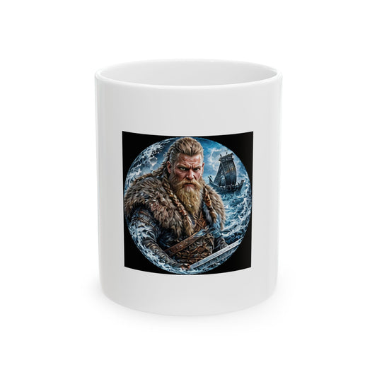 Viking Warrior Ceramic Mug - Norse Longship Warrior Warrior Design (11oz)