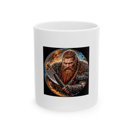 Viking Warrior Ceramic Mug - Norse Redbeard Axe Warrior Design (11oz)