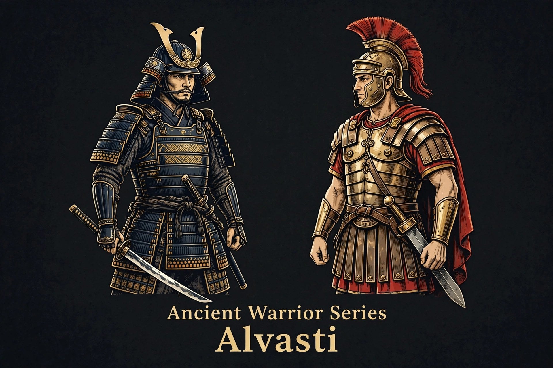 Samurai warrior on the left and Roman legionnaire on the right, Alvasti Ancient Warrior Series